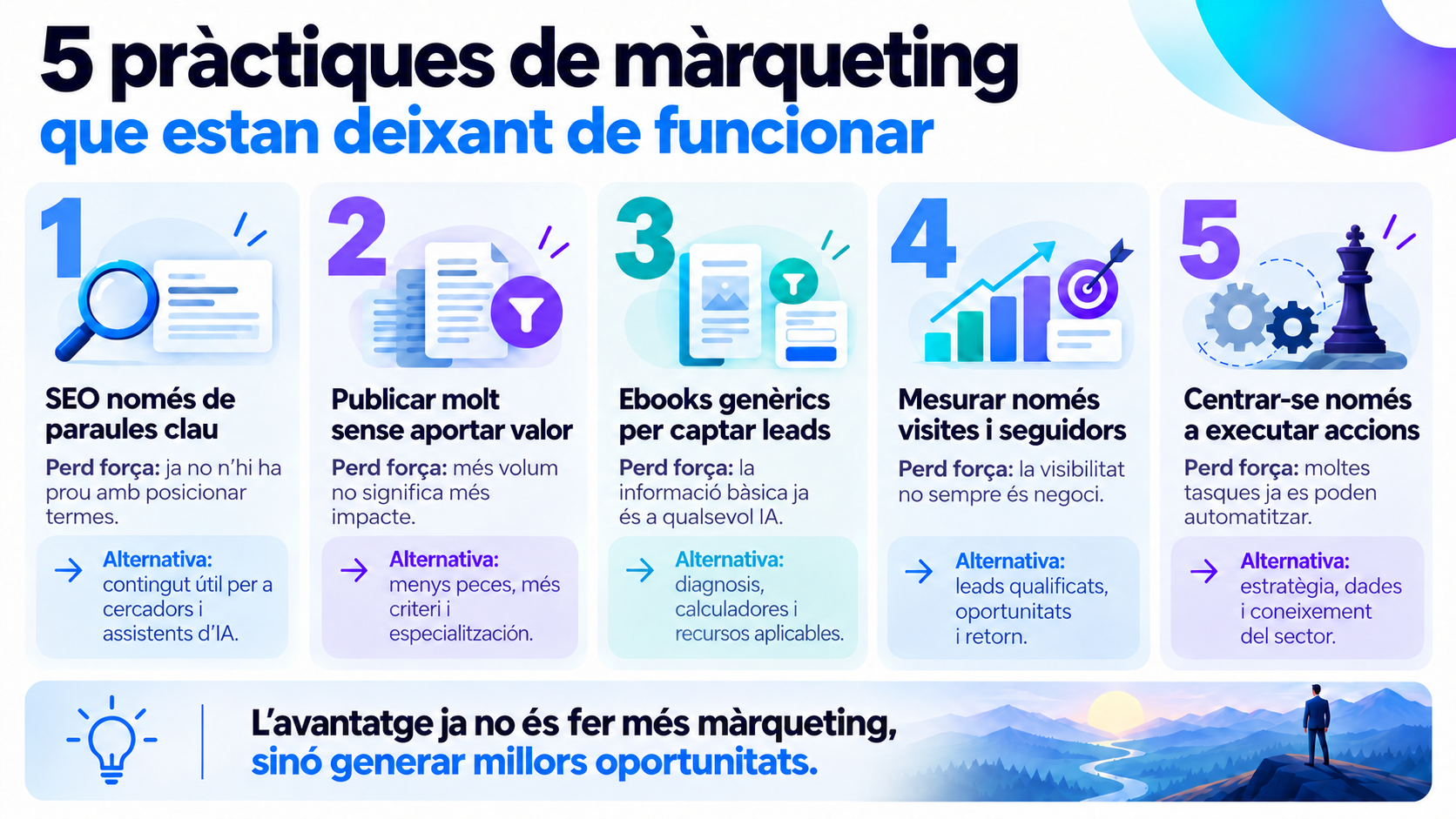 Infografia amb cinc pràctiques de màrqueting que perden efectivitat, com el SEO centrat només en paraules clau i els ebooks genèrics, amb alternatives per generar millors oportunitats.